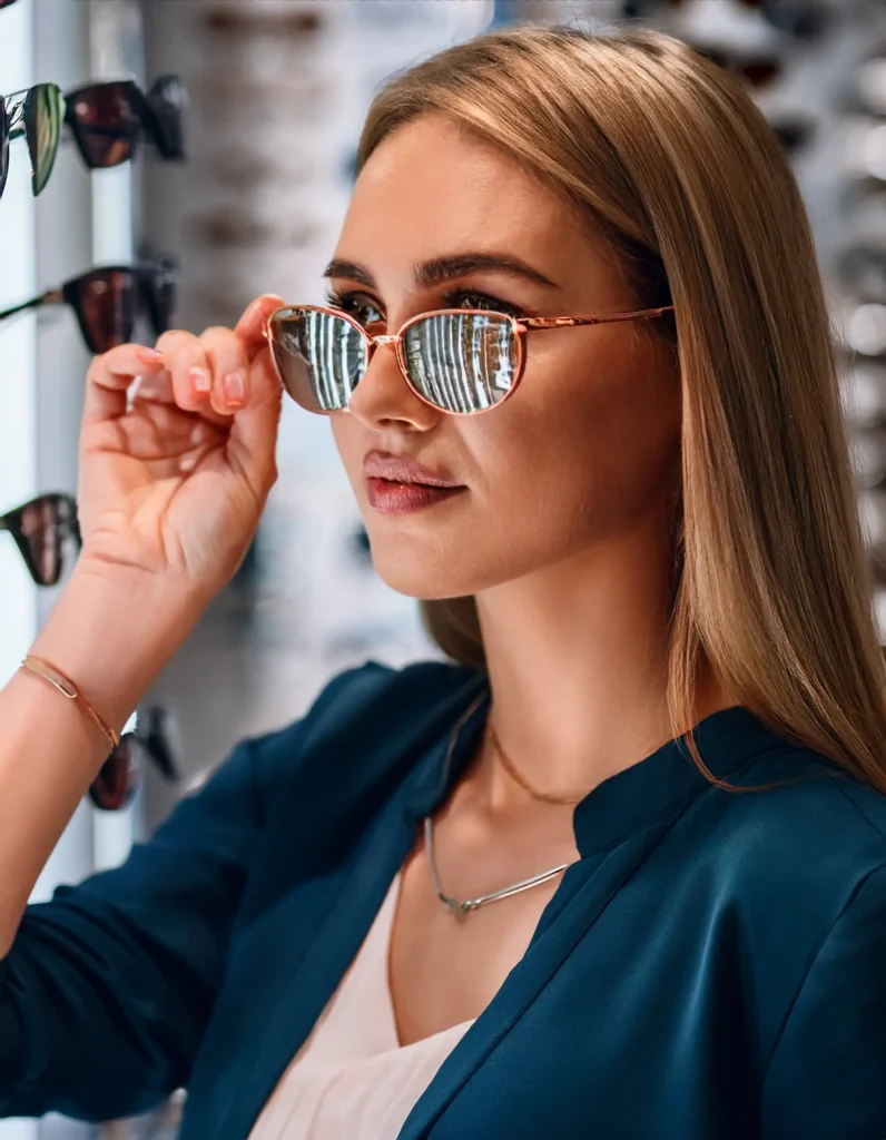Firefly A young woman trying on different designer prescription sunglasses in an upscale optical bou Same-Day Glasses in Waterloo