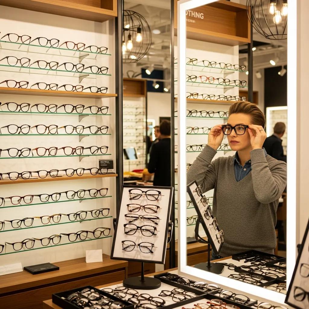 person exploring eyewear options in an optical store emphasizing the importance of choosing glasses that match face shape 4161d011 fc73 4c88 8a8e 0223b638a22a Find Your Face Shape for Glasses: A simple guide to picking frames that flatter