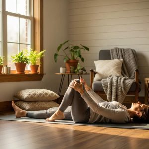 person performing a piriformis stretch on a yoga mat in a cozy home setting dfd84b8e f828 41dd b78a 05fb3a8fce02 Premier Optical