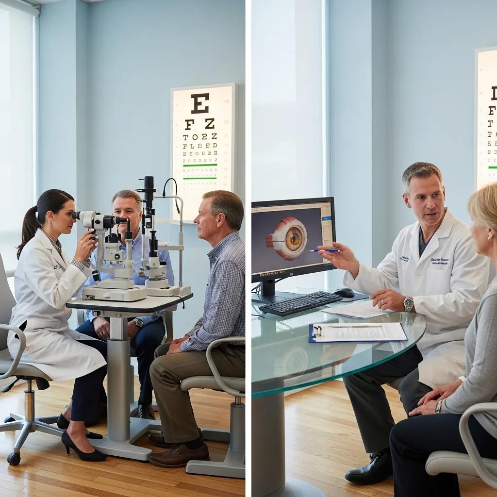 optometrist and ophthalmologist in a modern eye care clinic highlighting their distinct roles in eye care 24318871 2875 4245 84c2 b13bd5c9fda6 Optometrist vs Ophthalmologist: Your Complete Guide to Eye Care Professionals and Services
