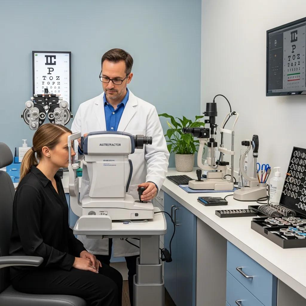 patient receiving a routine eye exam from an optometrist showcasing eye care tools and a professional environment 0d48a6c1 86db 4e7f 998b b5d0fe63fef6 Optometrist vs Ophthalmologist: Your Complete Guide to Eye Care Professionals and Services