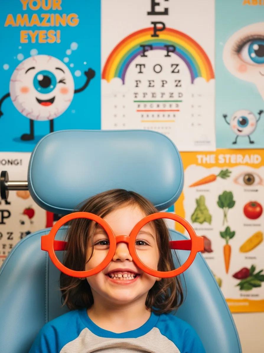 Child in an eye exam chair wearing oversized glasses, smiling