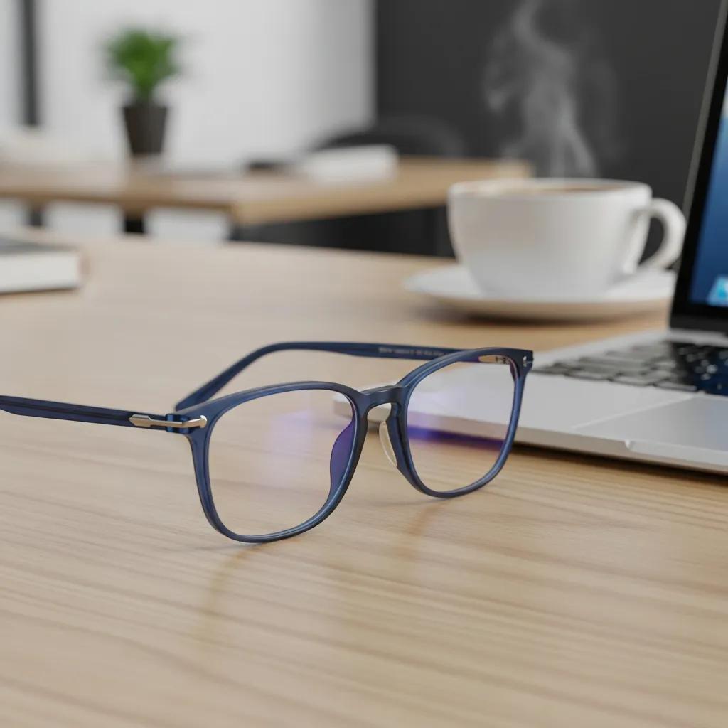 Close-up of blue light glasses on a desk, highlighting design and lens quality in a workspace