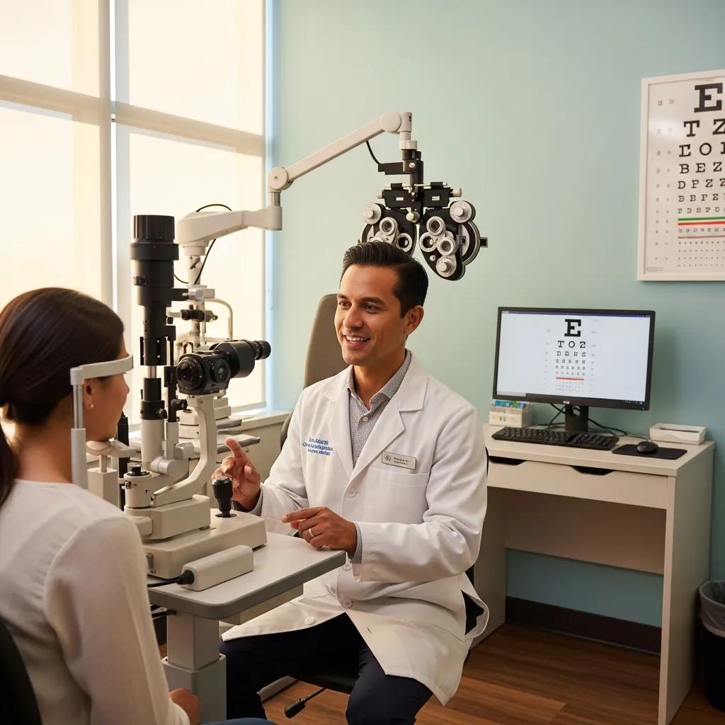 Eye care professional conducting an eye exam with a patient in a modern clinic, showcasing the importance of eye exams