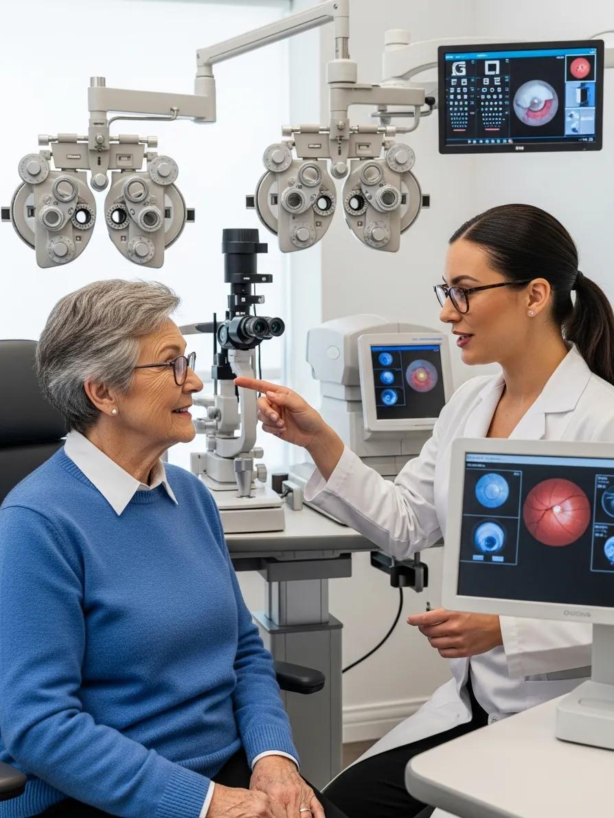 Older adult receiving an eye exam from an optometrist in a modern setting