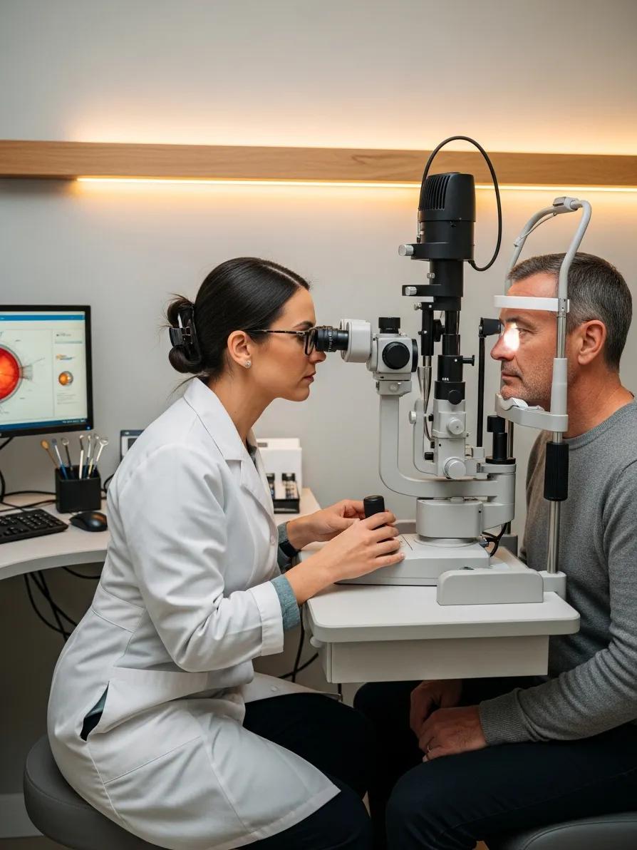Optometrist examining patient's retina during eye health evaluation, showcasing advanced eye care