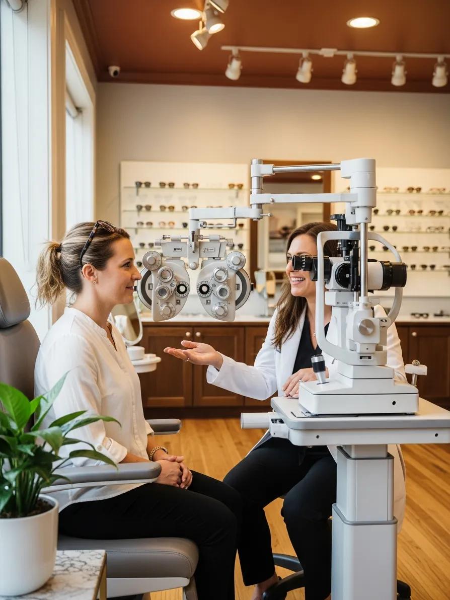 Patient receiving personalized care during a dilated eye exam at Premier Optical Boutique
