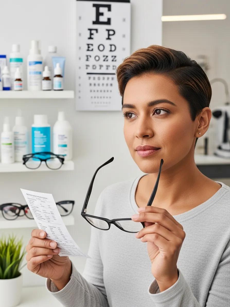 Person preparing for an eye exam with glasses and medication list
