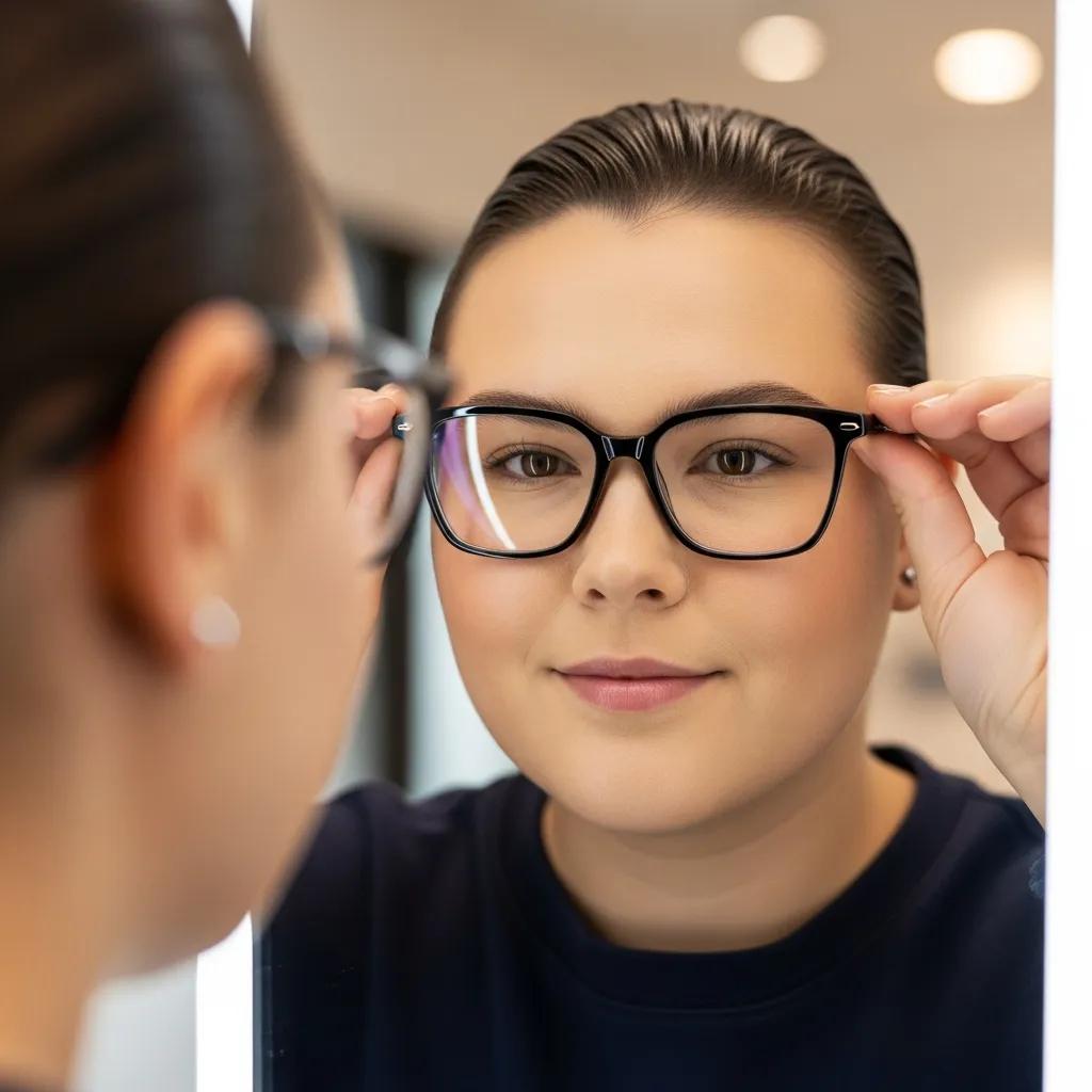 Person with a round face trying on angular eyeglasses frames, showcasing style options for different face shapes