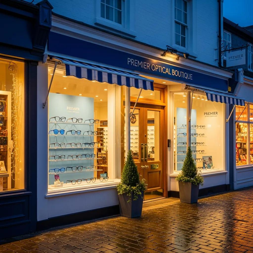 Storefront of Premier Optical Boutique displaying stylish blue light glasses, inviting local shoppers