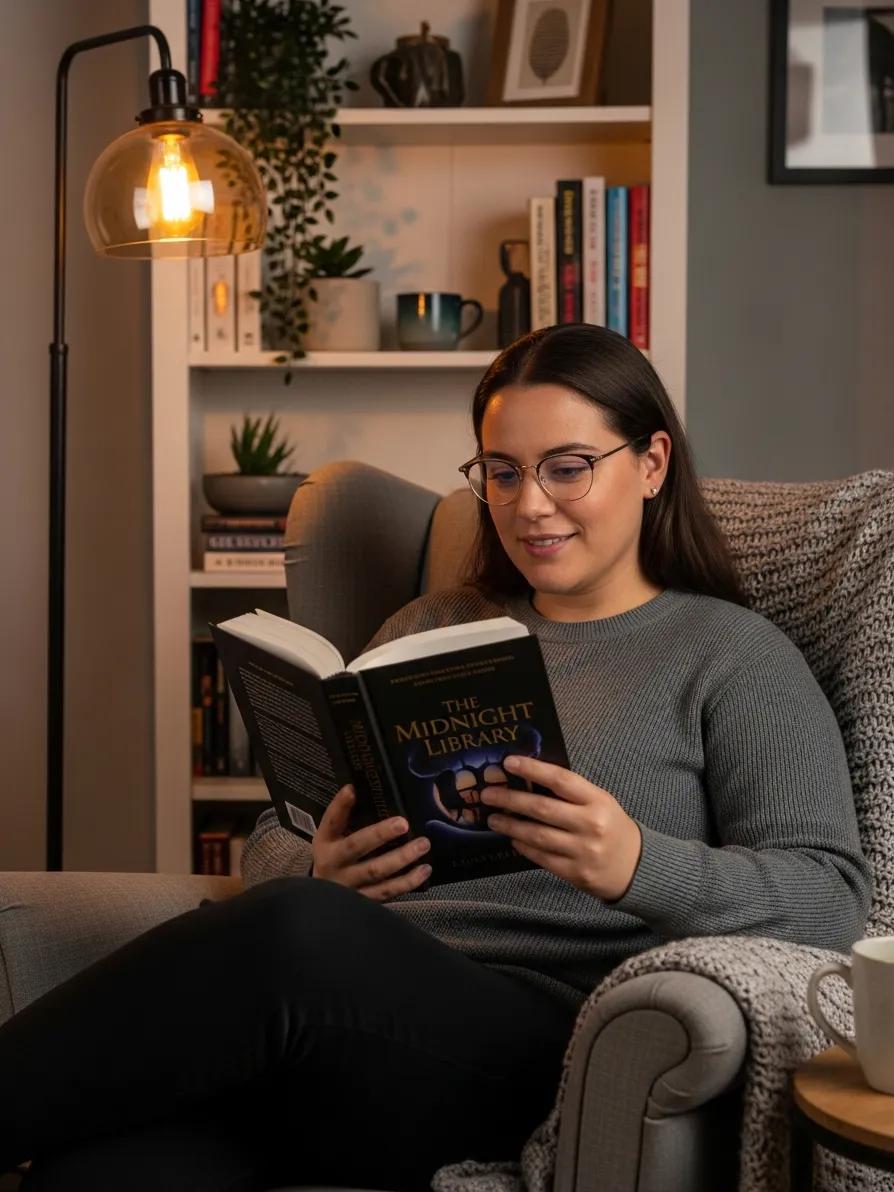 Person reading a book while wearing progressive lenses in a cozy living room
