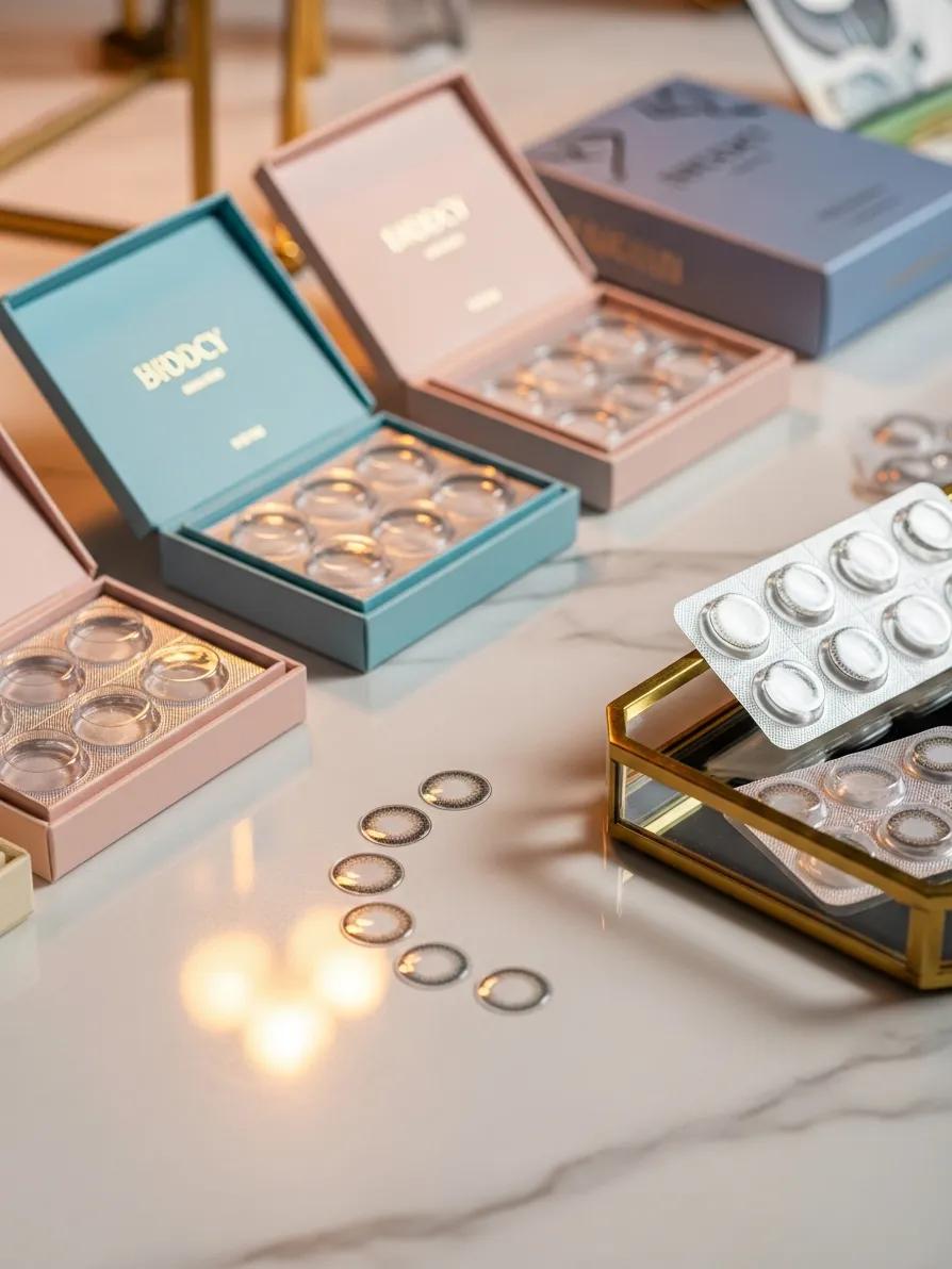Selection of designer contact lenses displayed elegantly on a fashionable surface