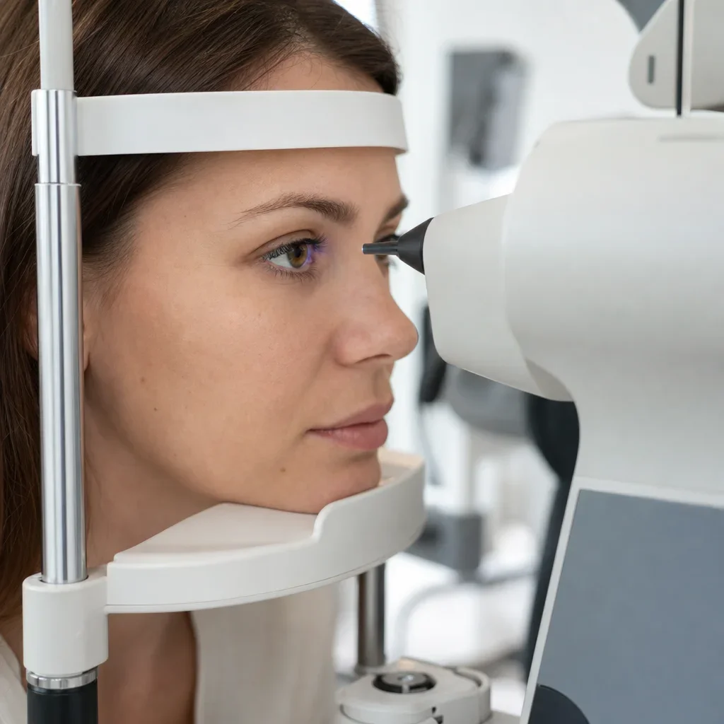 Patient positioned for a non-contact air puff tonometry test.