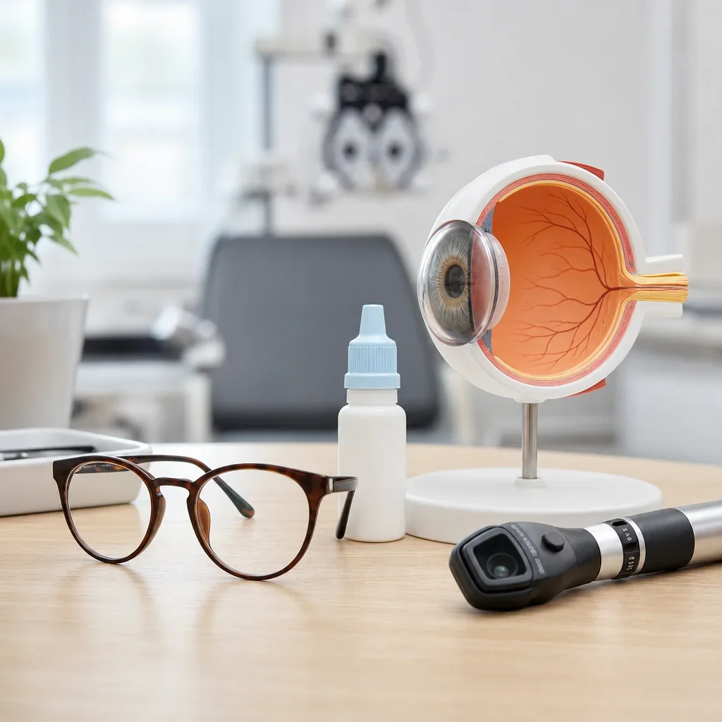 Clinical items representing common causes of reduced vision, such as glasses and eye care tools.