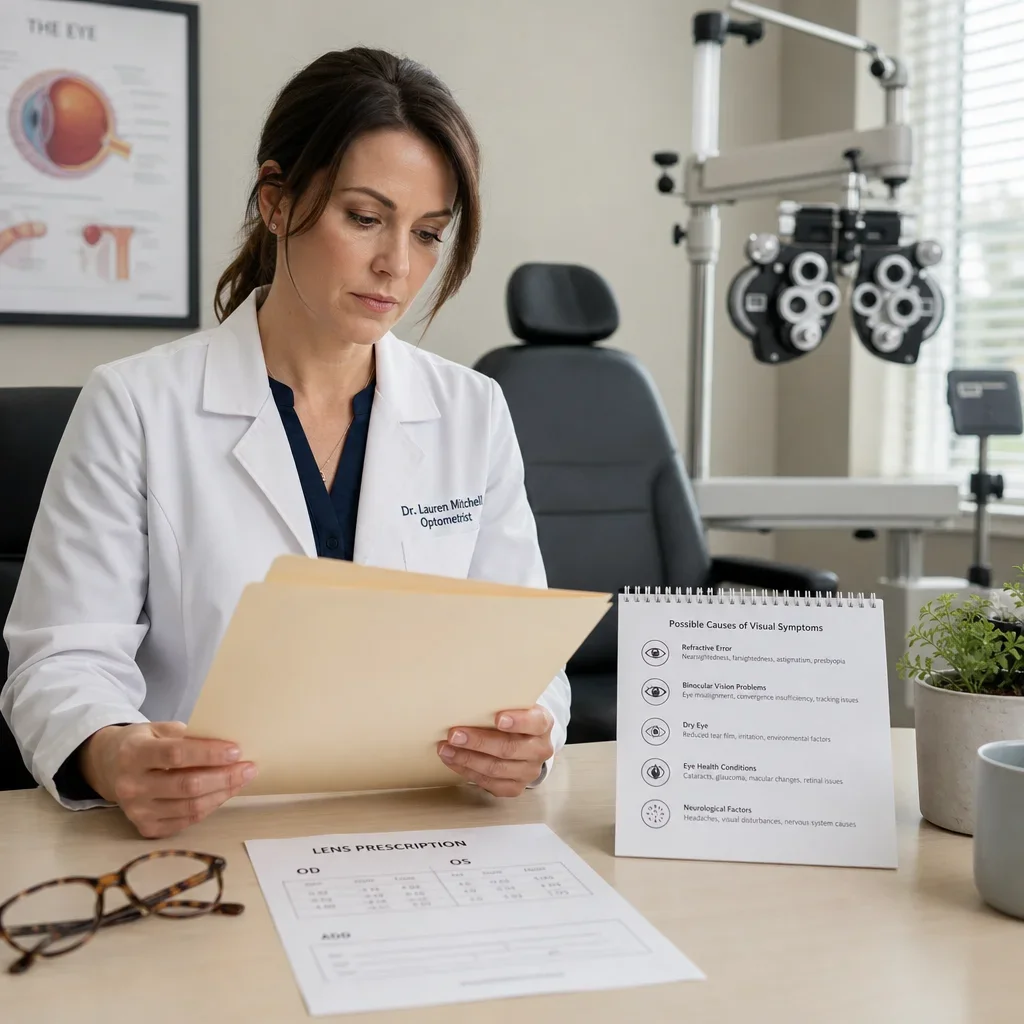 A clinician reviewing possible causes of poor depth perception during an eye exam.