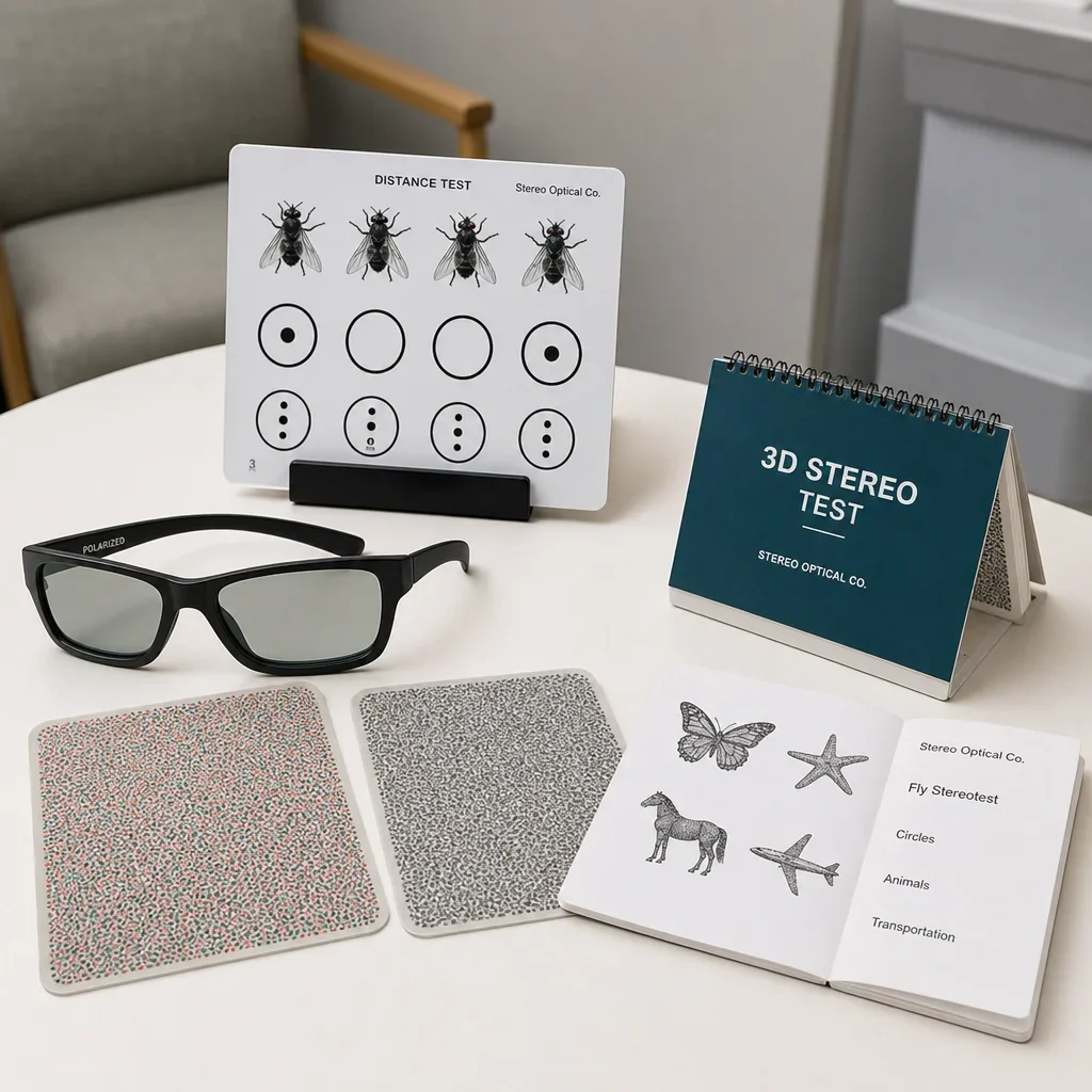 Common office depth perception test materials laid out on a clinic table.
