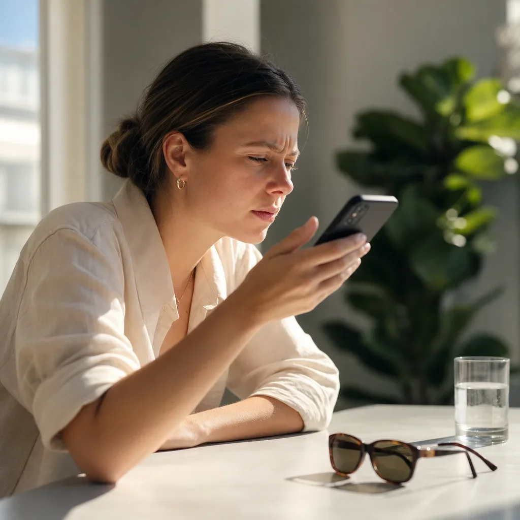 Person struggling to read a phone after dilation, with sunglasses nearby.