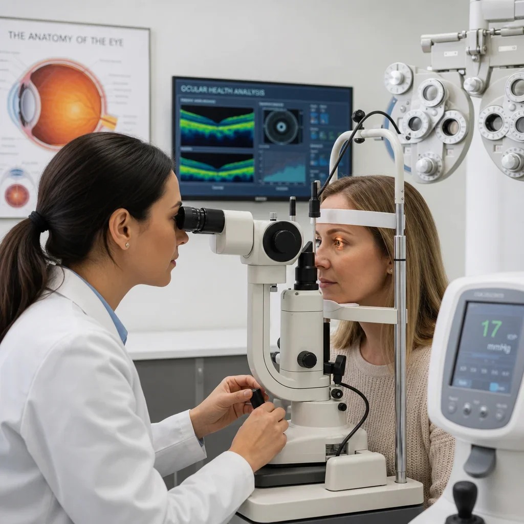 An eye exam scene showing that 20/20 vision is only one part of a full eye check.