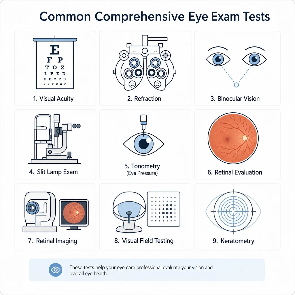 A diagram of common tests in a comprehensive eye exam.