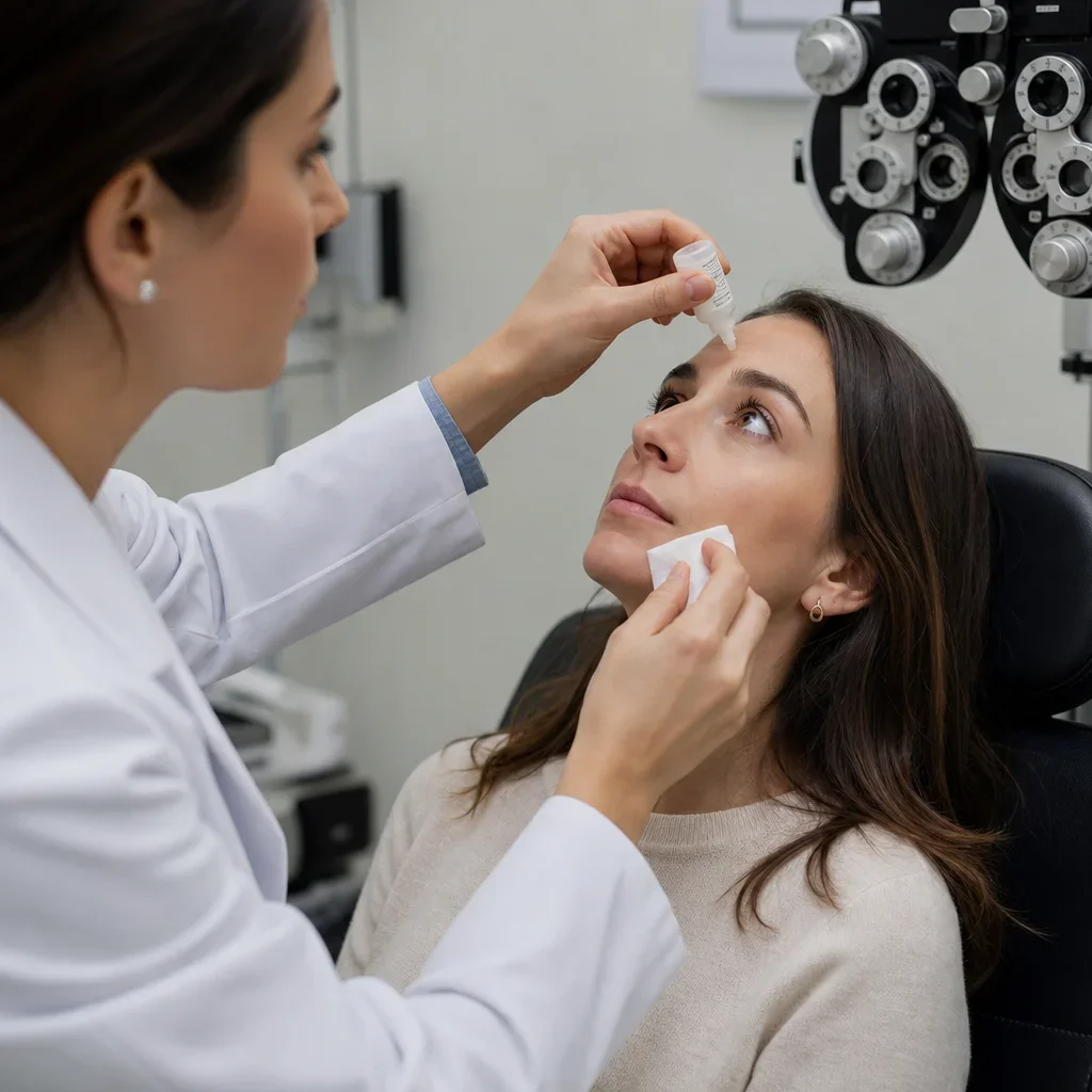 Optometrist applying eye dilation drops during an exam.