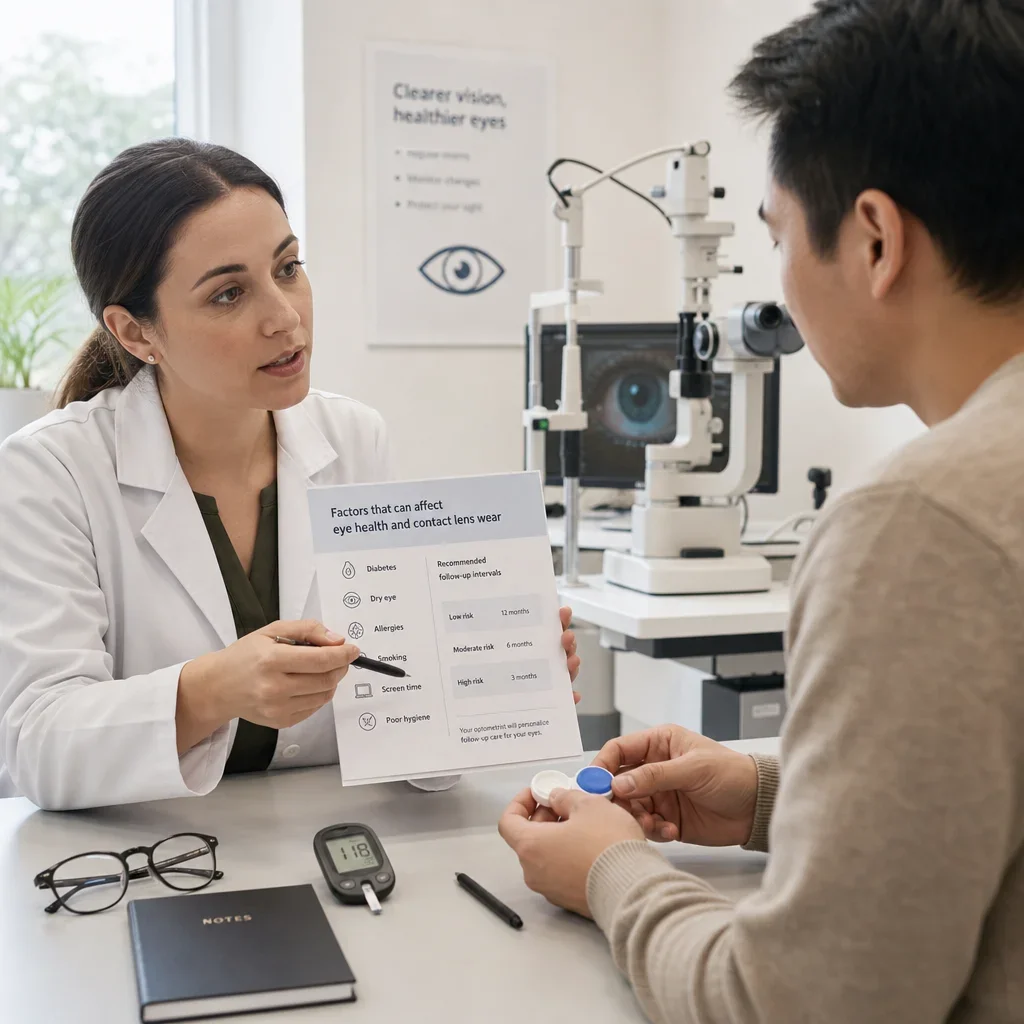 An optometrist discussing risk factors that may require more frequent eye exams.
