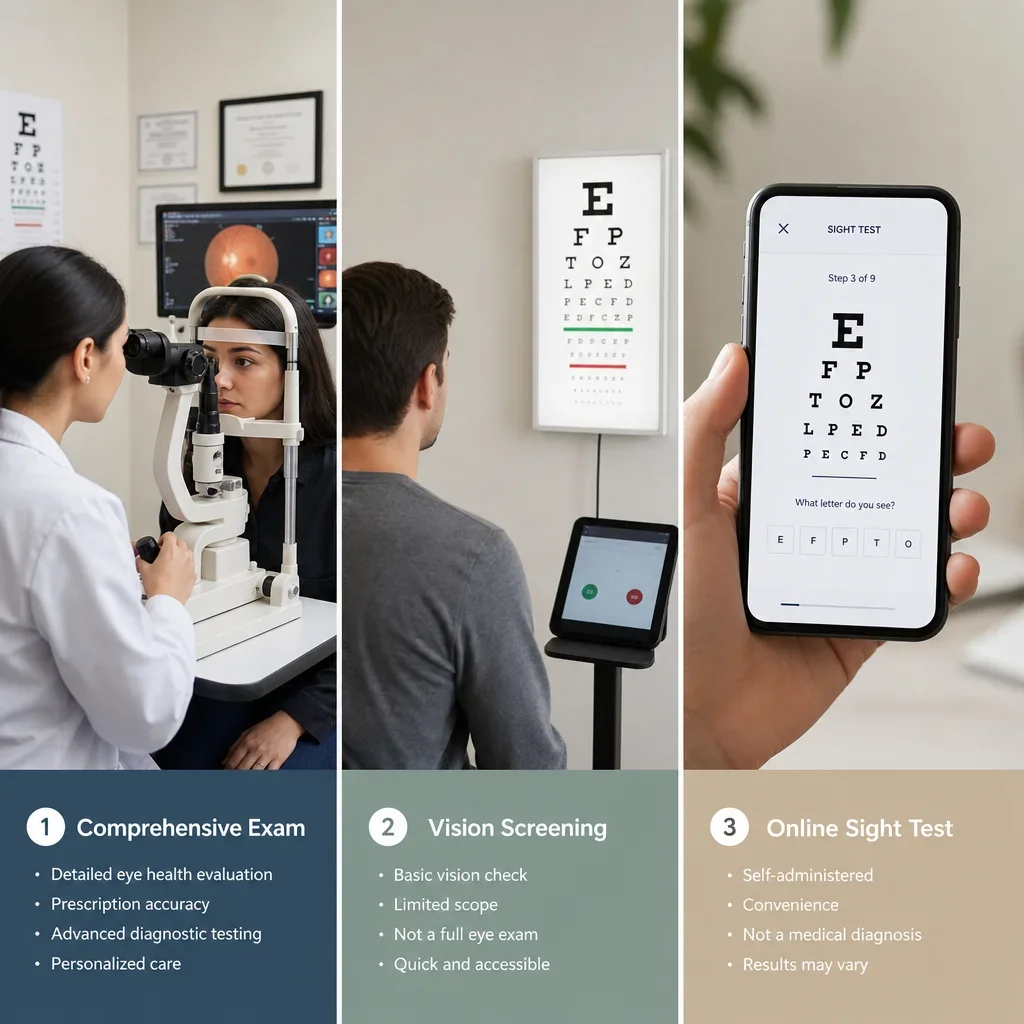 A comparison of a comprehensive eye exam, vision screening, and an online sight test.