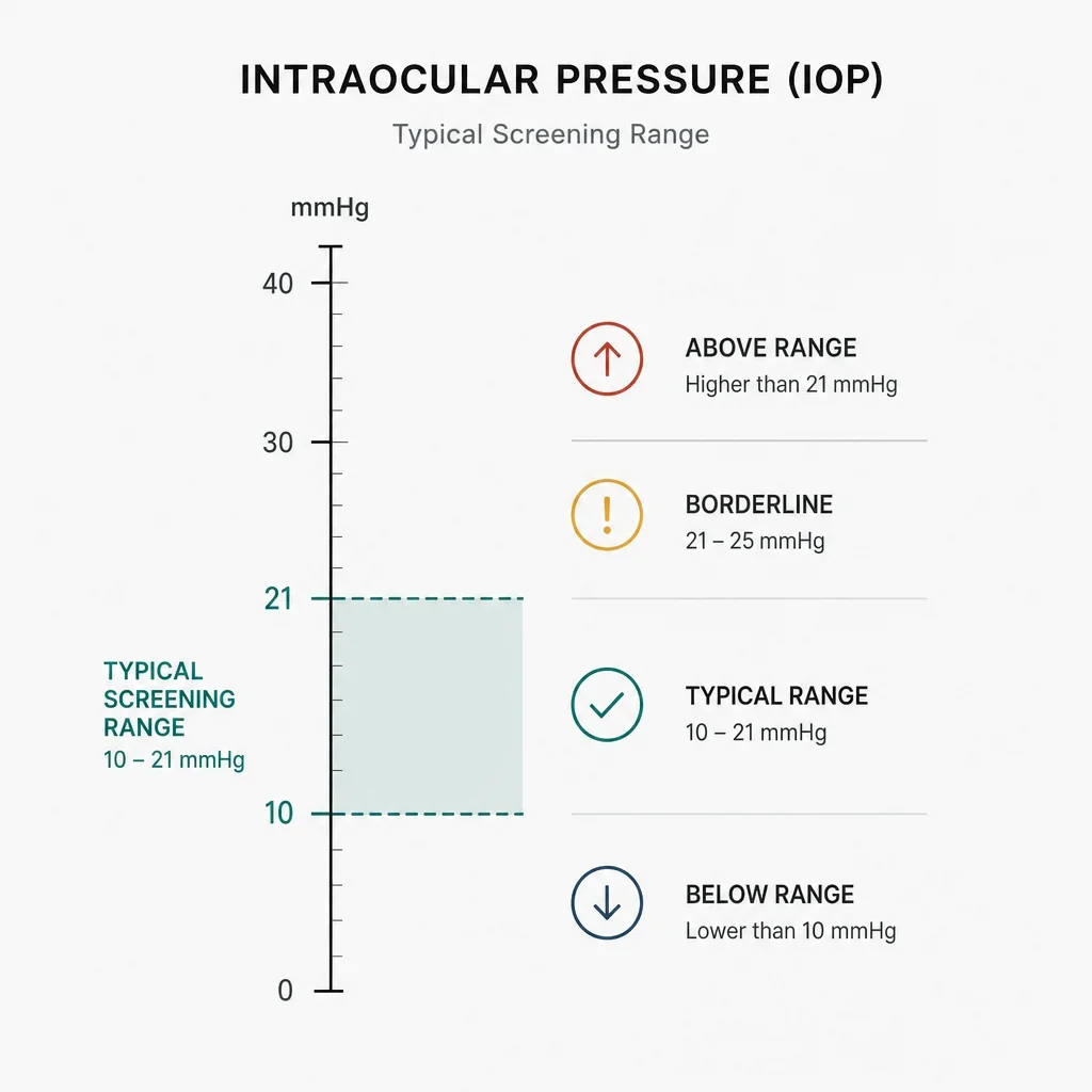 Minimal chart showing the typical eye pressure range in mmHg and how readings are categorized.