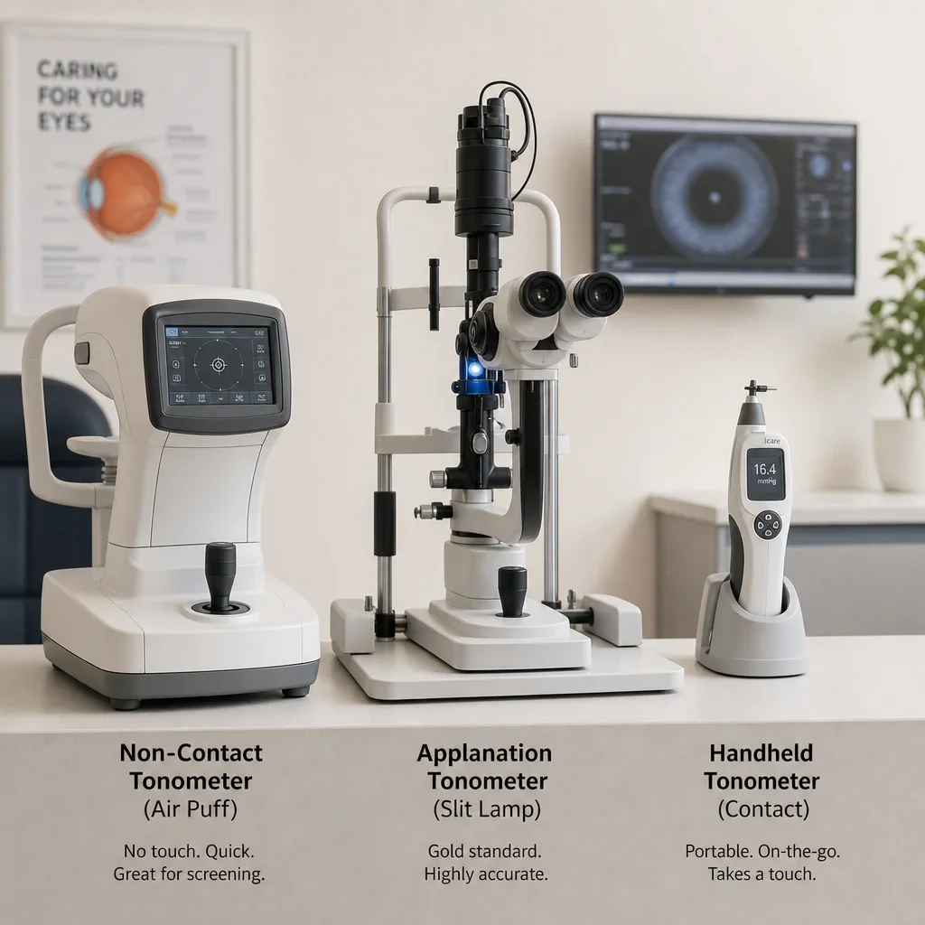 Three different eye pressure testing methods shown in a clinic comparison.