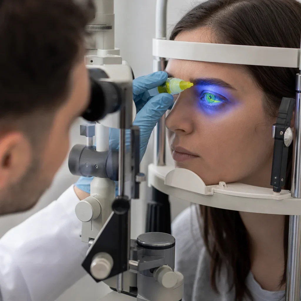 Optometrist applying fluorescein dye to the eye during a slit lamp exam.