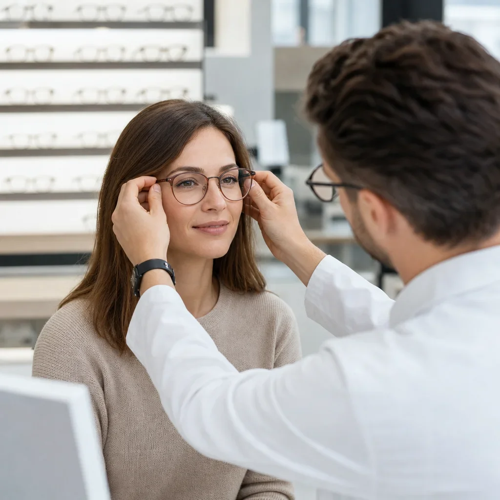 An optician adjusting eyeglasses that can affect how depth feels.