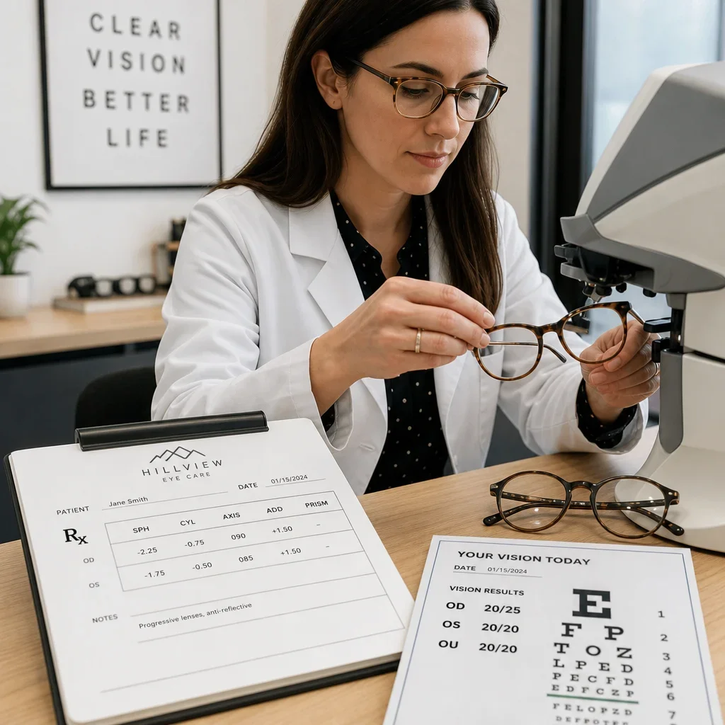 Prescription eyeglasses and an optometry setup showing the difference between vision score and lens prescription.