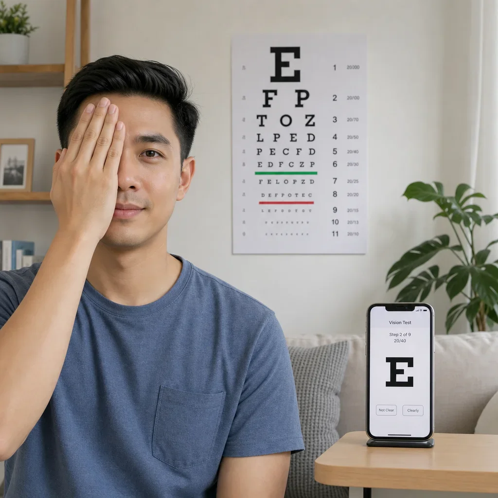 A person testing their vision at home with a printed chart and a phone nearby.