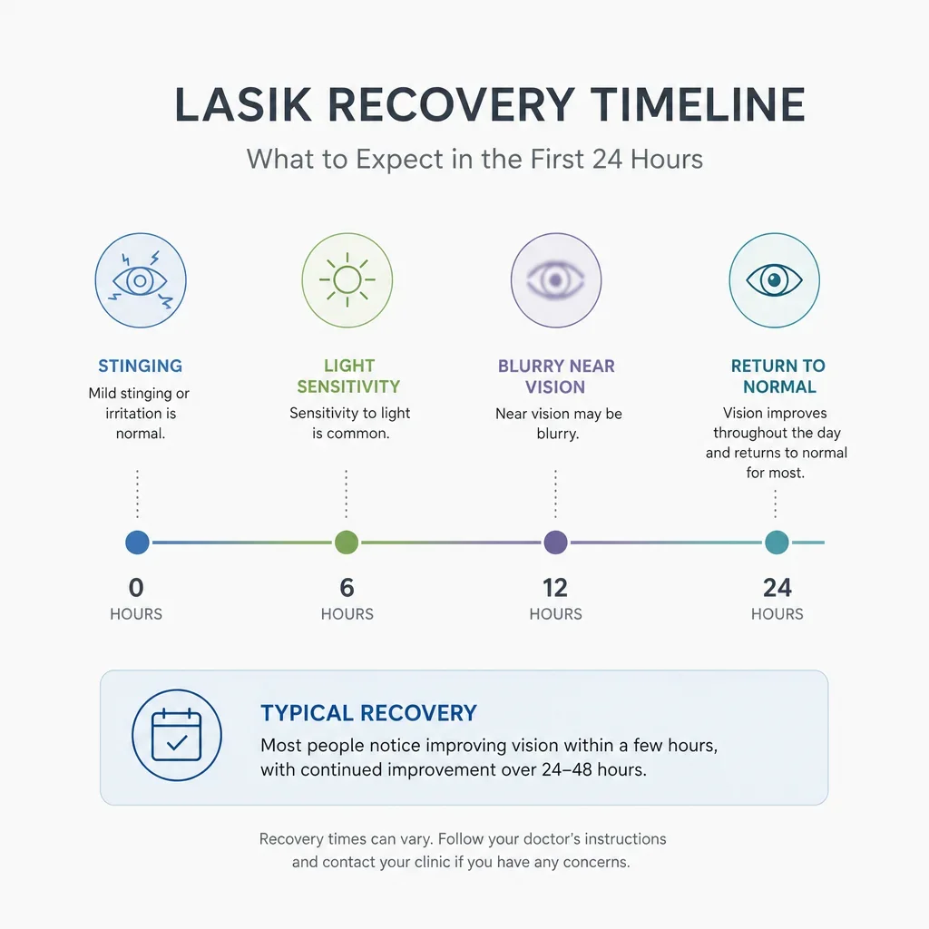 Simple timeline infographic showing how long eye dilation effects usually last.