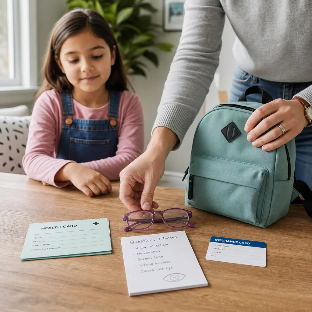 Parent packing documents and glasses to prepare a child for their first eye appointment.