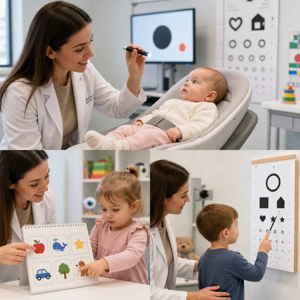 Different age-appropriate vision tests for infants, toddlers, and preschoolers.