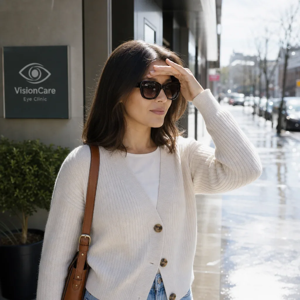 Person wearing sunglasses and shielding their eyes from bright daylight after dilation.