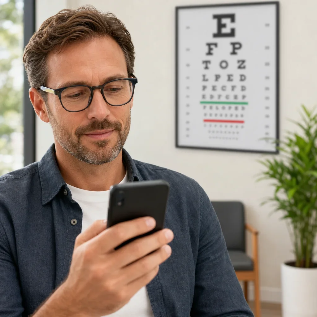 A person reading a phone up close while a distant sign is out of focus, showing near versus distance vision.