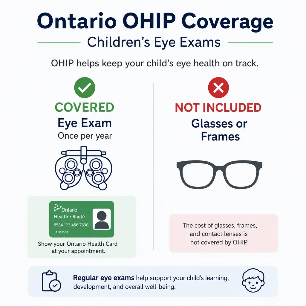 A simple diagram showing Ontario coverage for children’s eye exams and separate eyewear costs.