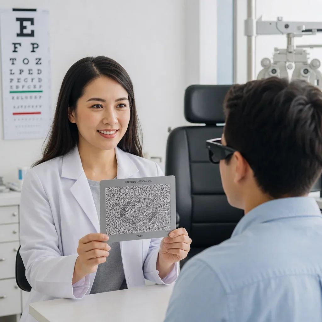 An optometrist administering a depth perception test in clinic.
