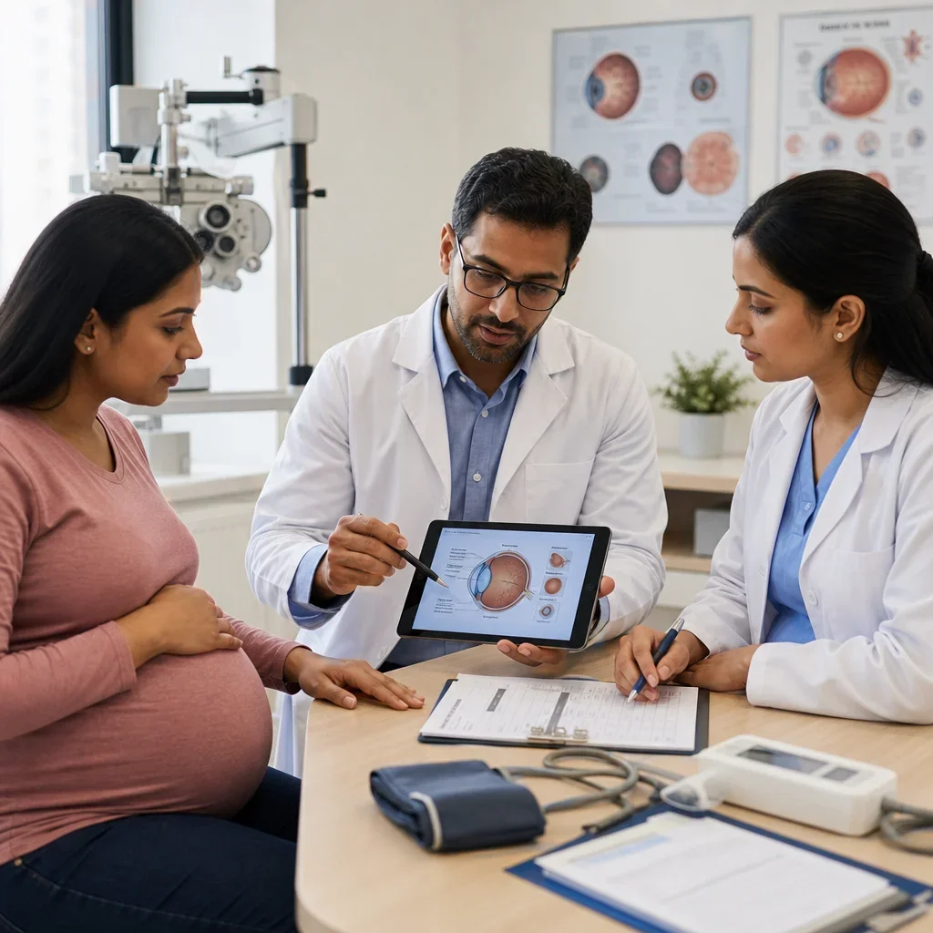 Pregnant patient and clinicians reviewing eye health risks such as diabetes, blood pressure, and glaucoma.
