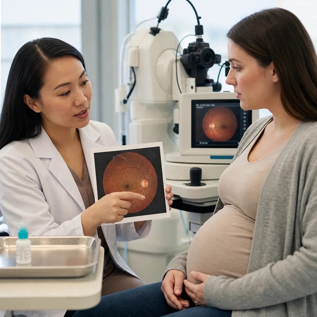 A pregnant patient discussing dilation and retinal imaging during an eye exam.