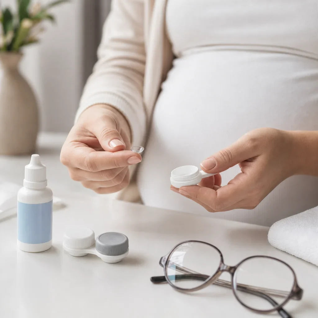 Contact lenses, glasses, and artificial tears arranged for dry eye care during pregnancy.