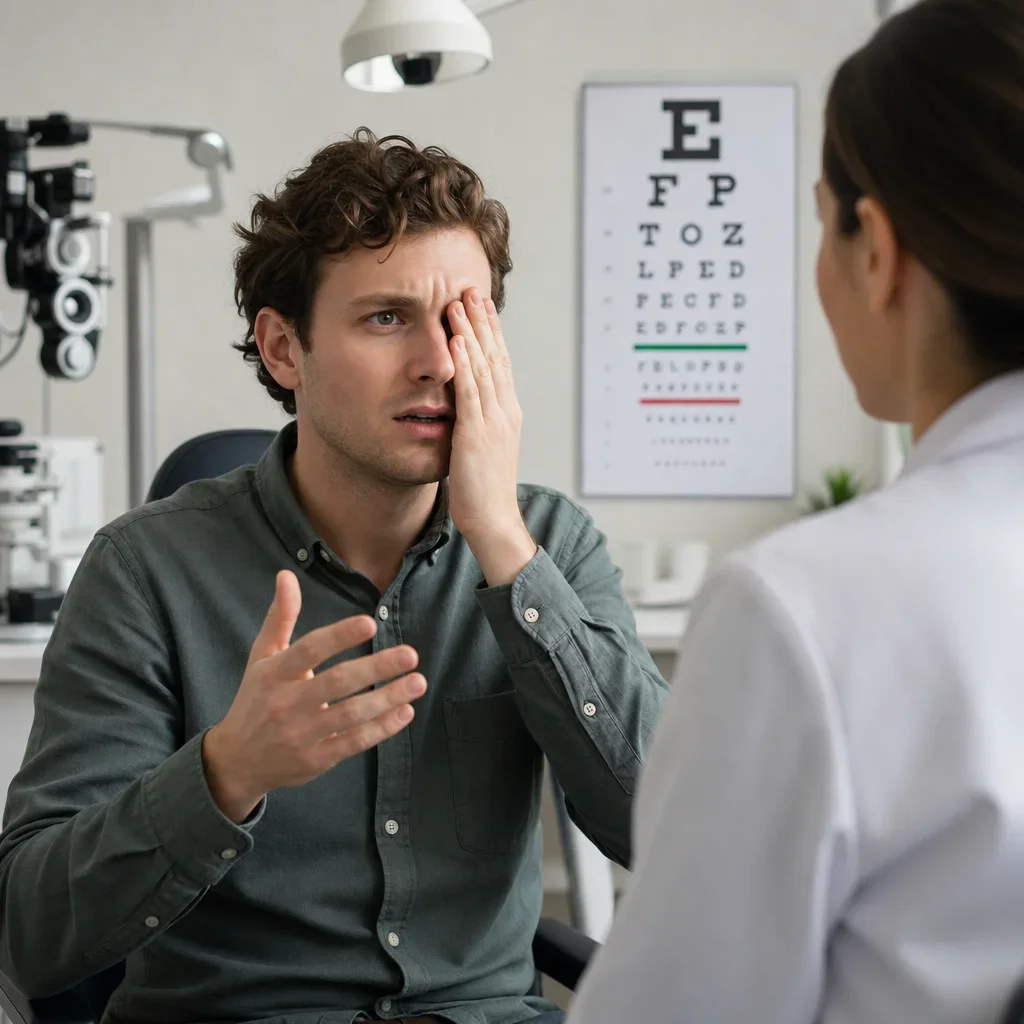 Patient urgently speaking with an eye doctor about concerning symptoms after dilation.