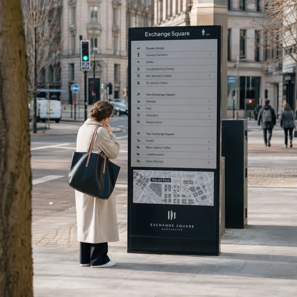 A street scene showing how different levels of blurry distance vision affect reading signs.
