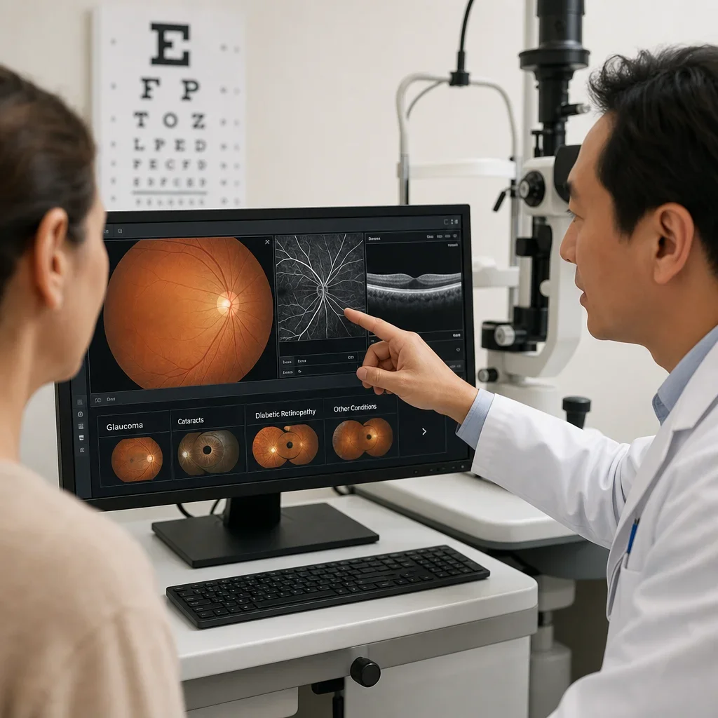 An optometrist reviewing retinal images to help detect eye disease.