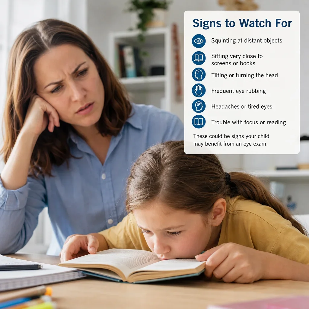 A child squinting and sitting very close to a book, suggesting the need for an eye exam sooner.