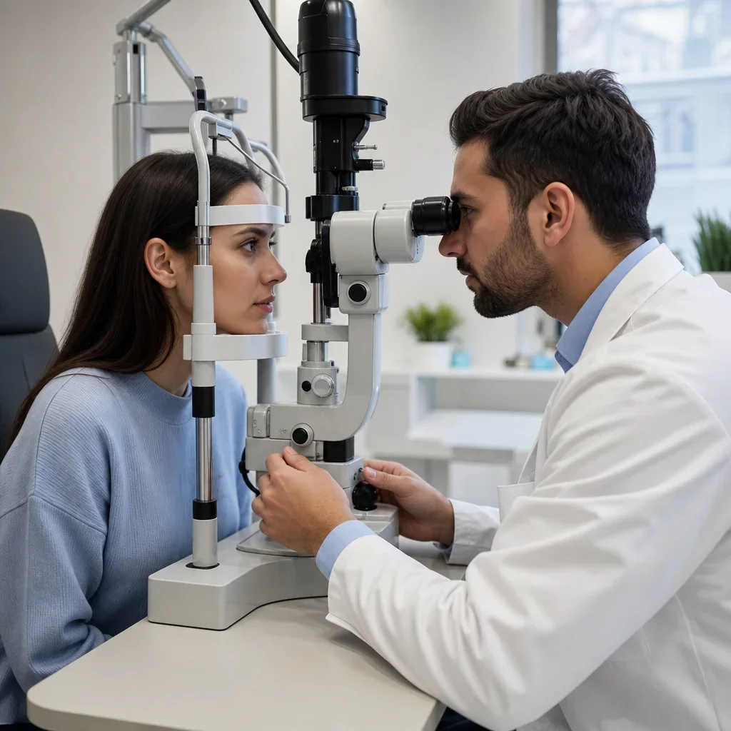 Patient undergoing a slit lamp eye exam while the optometrist adjusts the instrument.