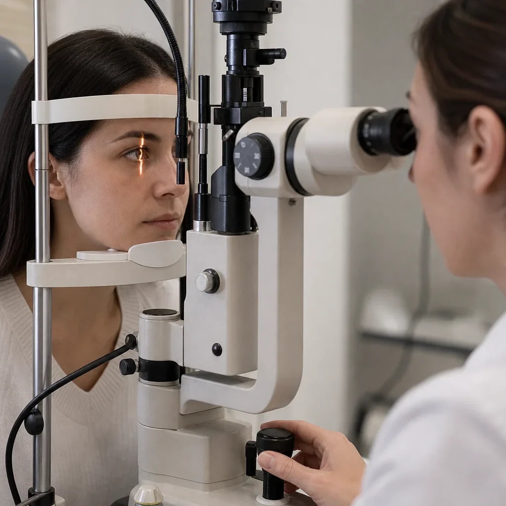 Close-up of a slit lamp showing its microscope, chin rest, and narrow beam of light.