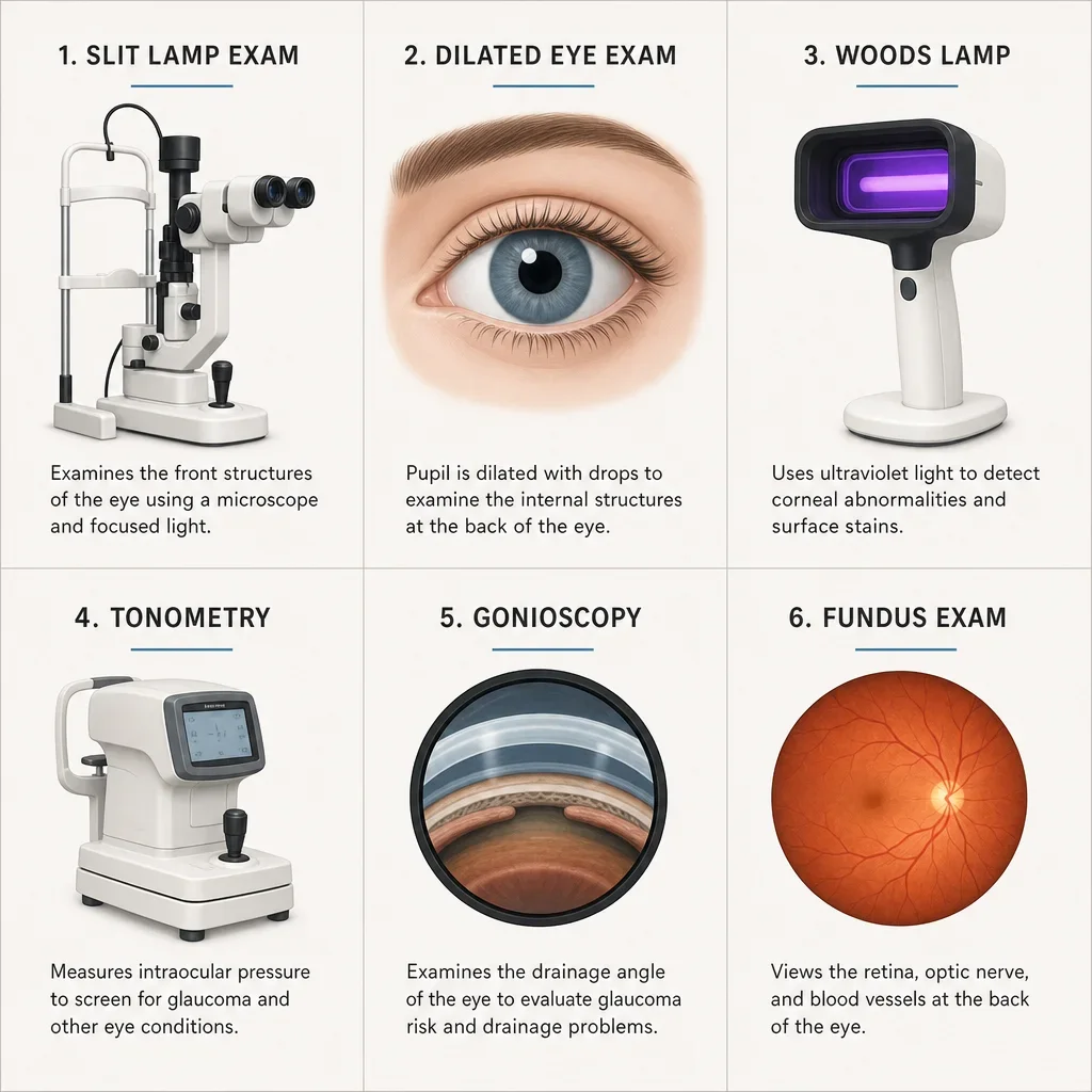 Comparison diagram of slit lamp exam and related eye tests.