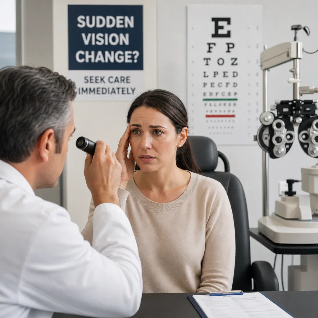 A patient being evaluated urgently for a sudden vision problem in a clinic setting.